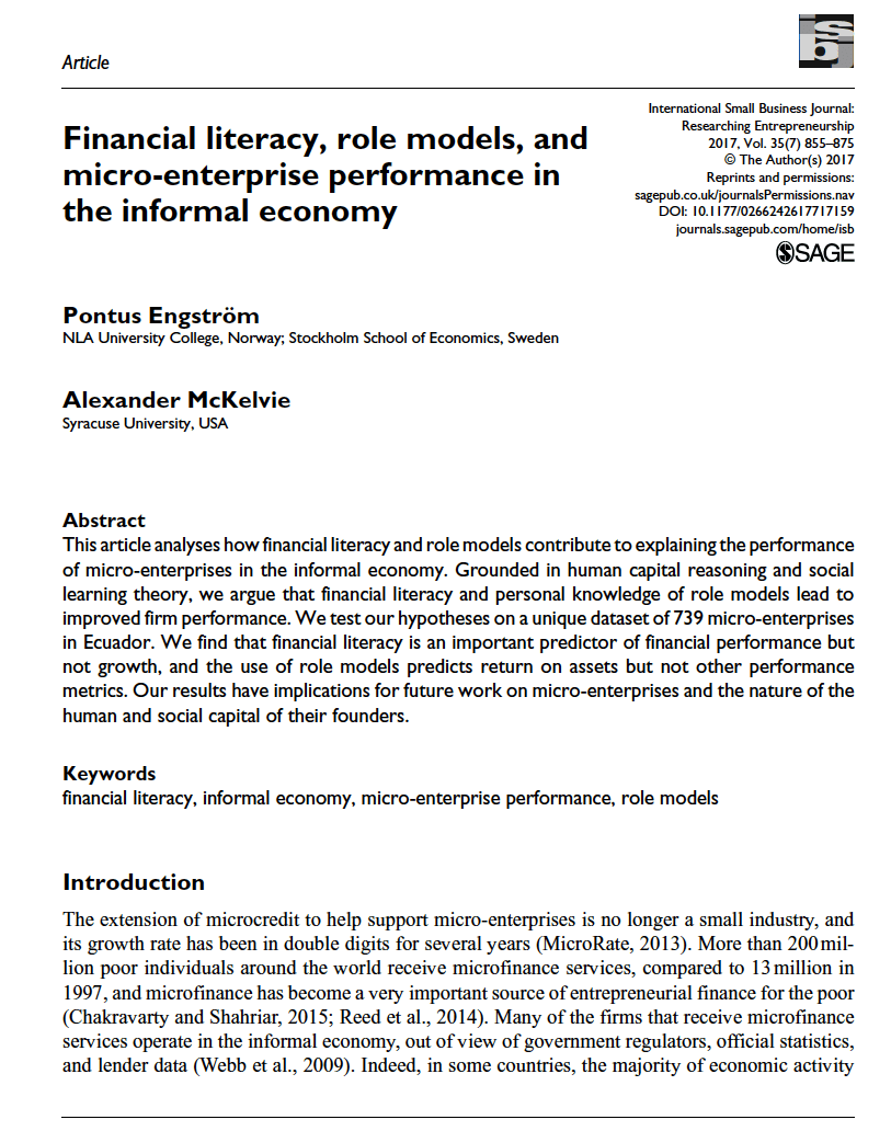 Engstrom & McKelvie in International Small Business Journal (ISBJ), “Financial literacy, role models, and micro-enterprise performance in the informal economy”